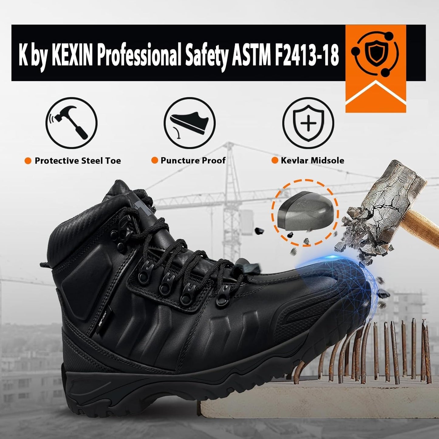 Mens Steel Toe Work Boots Waterproof, Thicker Full Grain Leather, Superior Oil/Slip Resistant Rubber Outsole, Puncture Proof ASTM F2413-18 Safety EH 18KV Indestructible Construction Shoes