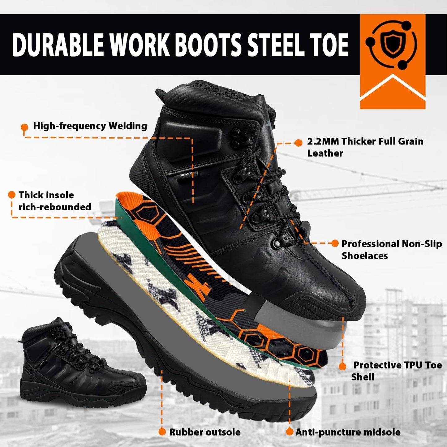 Mens Steel Toe Work Boots Waterproof, Thicker Full Grain Leather, Superior Oil/Slip Resistant Rubber Outsole, Puncture Proof ASTM F2413-18 Safety EH 18KV Indestructible Construction Shoes