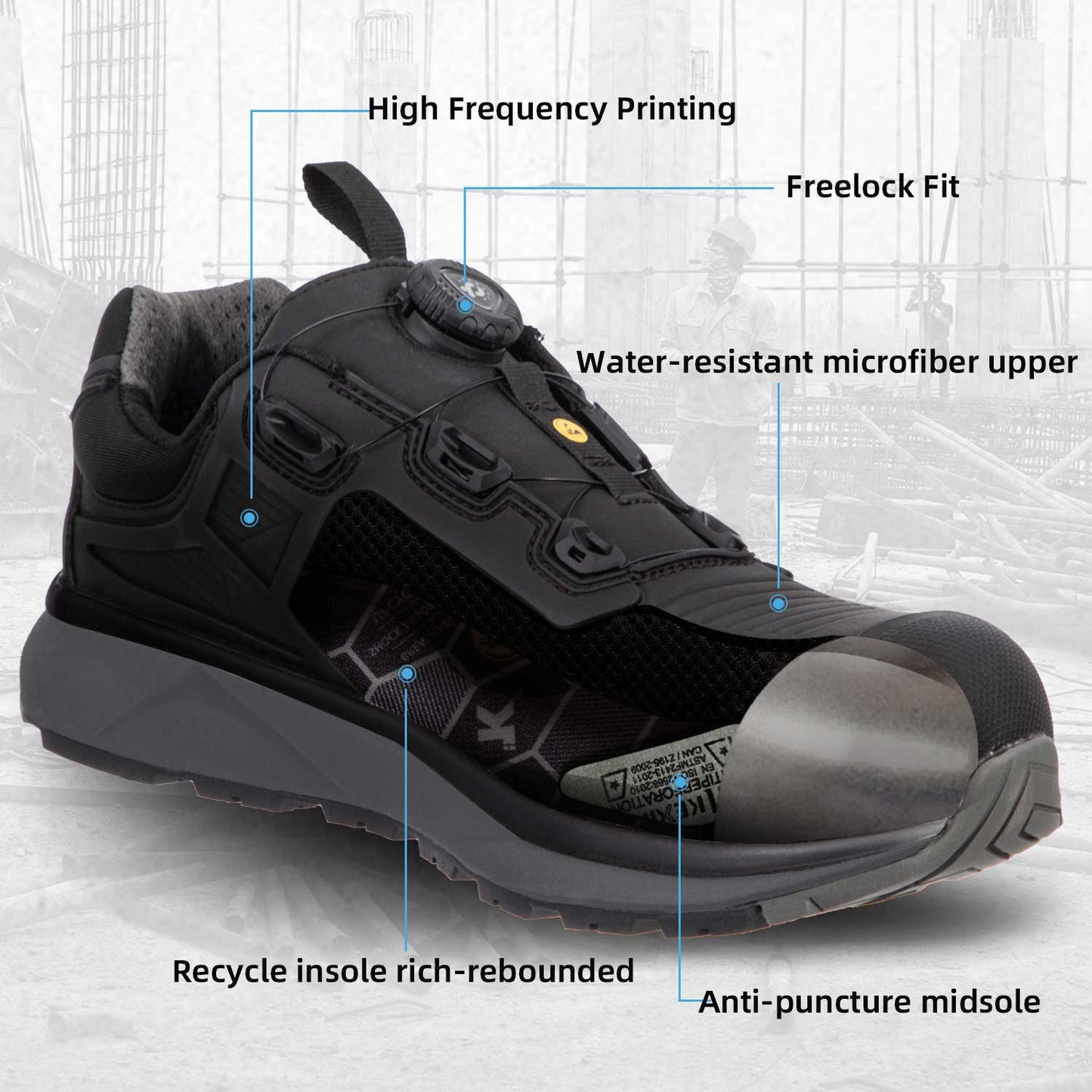ESD Shoes for Men, Alloy Toe Safety Shoes Freelock Fit Quick Lacing System